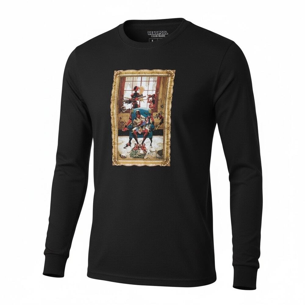 NWOT Marvel Disney Deadpool Club Merc Family Portrait Long Sleeve Black Tee L